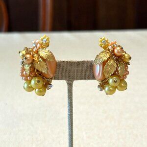 Vintage Beau Jewels Clip-On Earrings With Faux Pearl & Gold-Tone Leaf Cluster